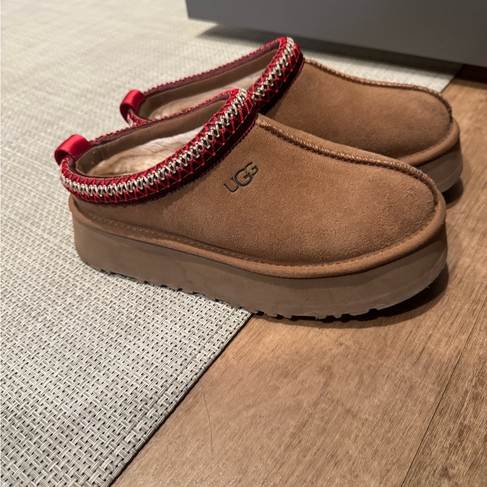 UGG Brown Slip-On Shoes with Red Trim